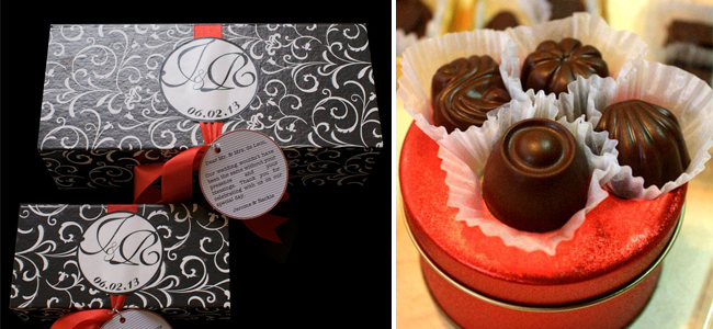 Chocolate Favors by Chocolate Confections (left) and Megabites Chocolate (right)