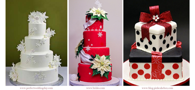 From left to right: Christmas Wedding Cakes by www.perfectweddingday.com, www.brides.com and www.blog.pinkcakebox.com