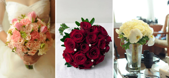 From Left to Right: A pastel pink round bouquet by GO FOR FLOWERS & Event Styling A pure red rose bouquet with pearl accents by Jacqs Floral Design Studio and White Phalaenopsis and Roses round bouquet by Natural Art Flowers and Decors