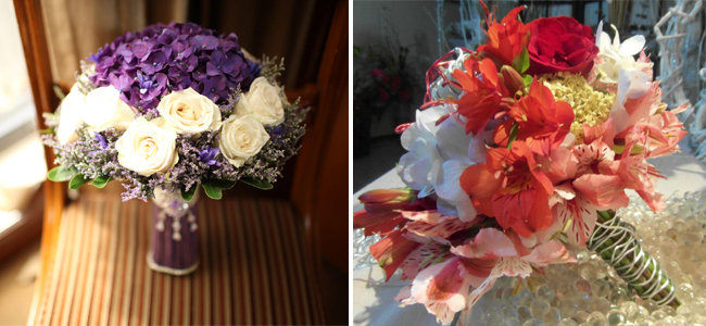 Left: A beautiful patterned white and purple lined with baby's breath by Ysabela Florist and Vibrant and Right: Neutrals tones create the balance for this Amazing Touch Floral Design bouquet