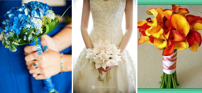 From left to right: A blue and dainty bouquet by AA Wedding Essentials Provider, All-White Bouquet by Natural Art Flowers and Decors and A posy tied with simple ribbon and lace by GO FOR FLOWERS & Event Styling