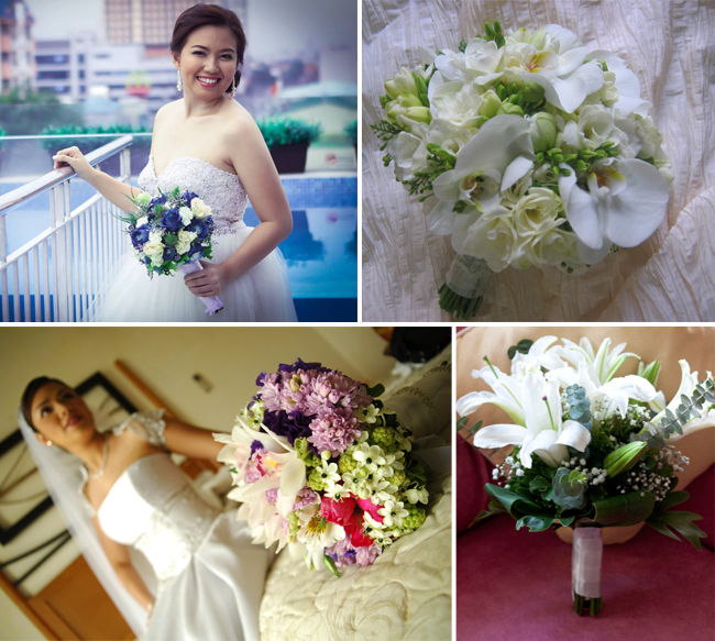 Top( left to right): Blue and White flowers for a Nosegay Bouquet by Amazing Touch Floral Design, Bouquet of Freesias and Phalaenopsis by 2171 Floral Creations Bottom( left to right): A variety of blooms for a bouquet by Henry Pascual Events Stylists and Jacqs Floral Design Studio bouquet using White Lilies as focal points