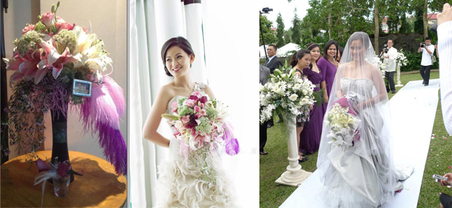 Left: Amazing Touch Floral Design uses ostrich feather to put some color and fun to the formal Cascading Bouquet and Right: Bride carries a oval bouquet by Henry Pascual Events Stylists in ivory and off-white Left: Amazing Touch Floral Design uses ostrich feather to put some color and fun to the formal Cascading Bouquet and Right: Bride carries a oval bouquet by Henry Pascual Events Stylists in ivory and off-white 