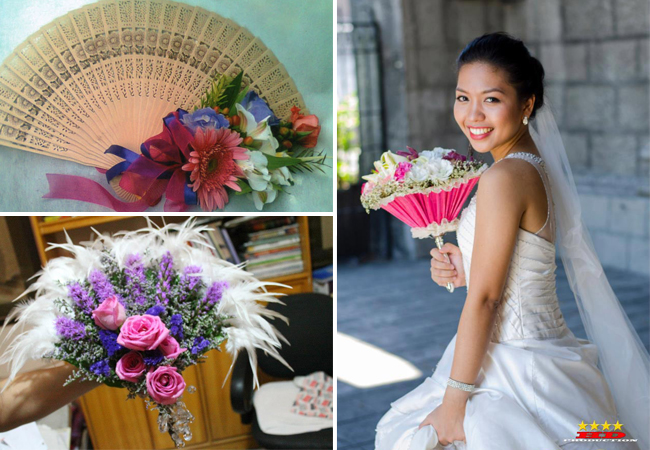 Top left: Fan bouquet by Julius and Carol Flower Shop - may be nice for a hot setting for both bride and her entourage., Bottom left:An elaborate fan-shaped bouquet by Amazing Touch Floral Design —for themes that are loud and over-the-top and Right: Bride holding a tussy mussy bound arrangement by Ysabela Florist 
