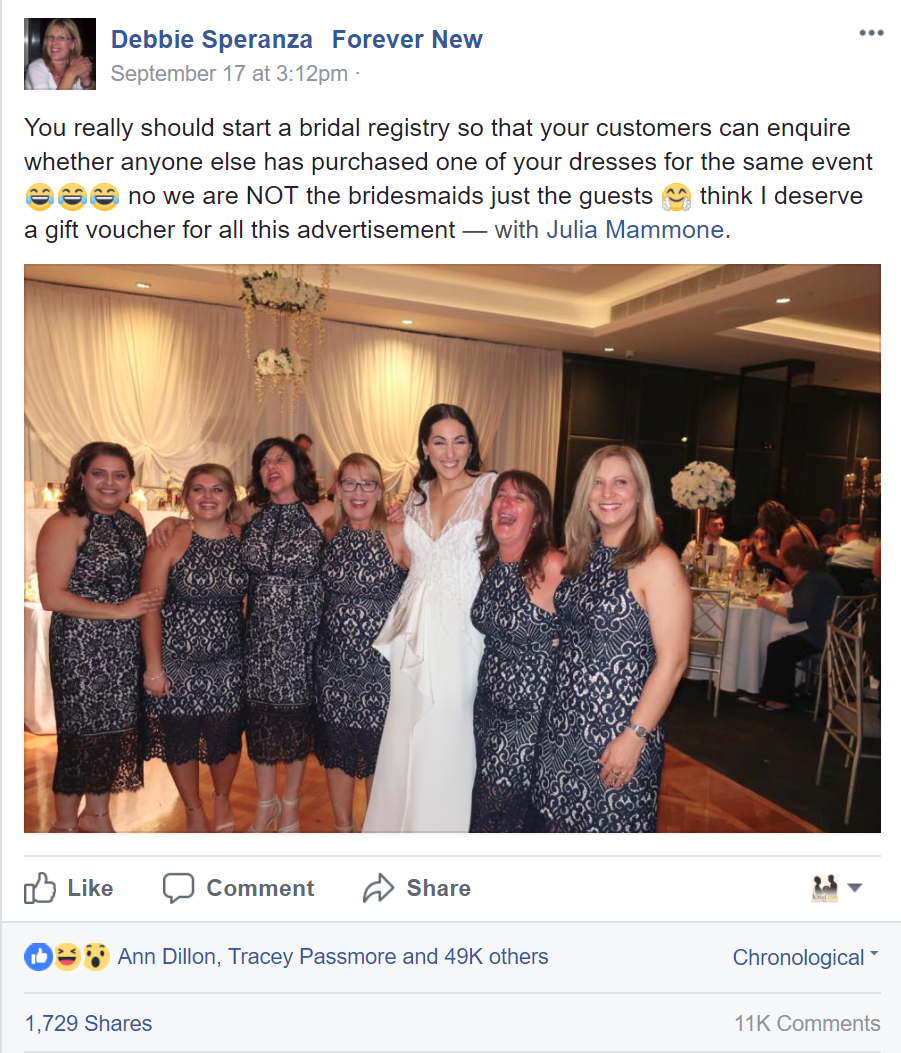 debbie speranza viral wedding post about identical dresses