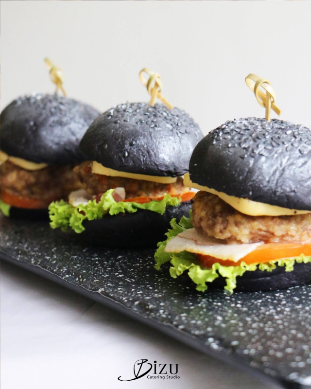 black bacon cheeseburger sliders with silver dust bizu catering