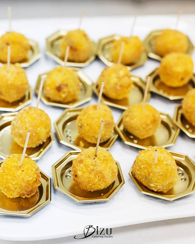 chorizo and cheese paella balls bizu catering studio