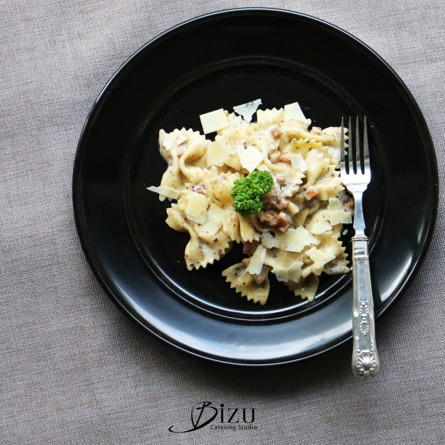 truffle farfalle pasta with parmesan bizu catering studio